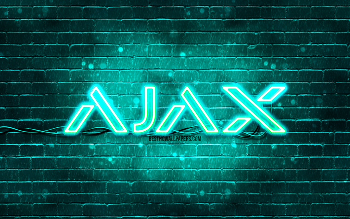Ajax Systems turquoise logo, 4k, turquoise brickwall, Ajax Systems logo, brands, turquoise abstract backgrounds, Ajax Systems neon logo, Ajax Systems