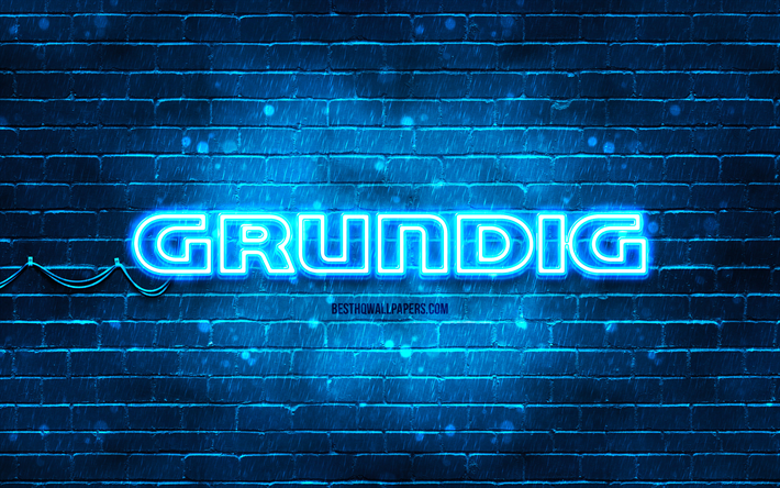 Grundig blue logo, 4k, blue brickwall, Grundig logo, brands, Grundig neon logo, Grundig
