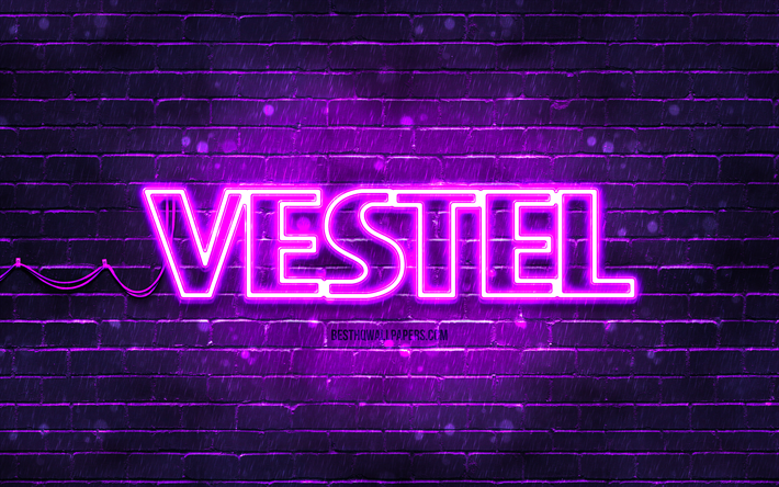vestel violett logotyp, 4k, violett tegelv&#228;gg, vestel logotyp, varum&#228;rken, vestel neon logotyp, vestel