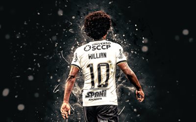 4k, Willian, back view, Corinthians FC, Brazilian Serie A, soccer, brazilian footballers, white neon lights, football, Willian 4K, Willian Corinthians