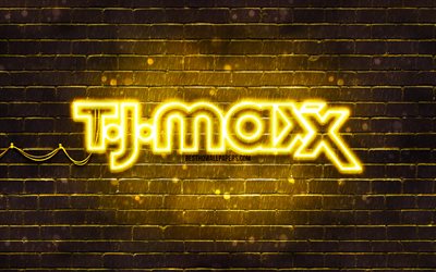 logo tj maxx giallo, 4k, muro di mattoni giallo, logo tj maxx, marchi, logo al neon tj maxx, tj maxx