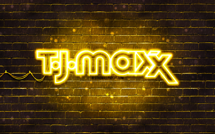 tj maxx logo amarillo, 4k, amarillo brickwall, tj maxx logo, marcas, tj maxx neon logo, tj maxx