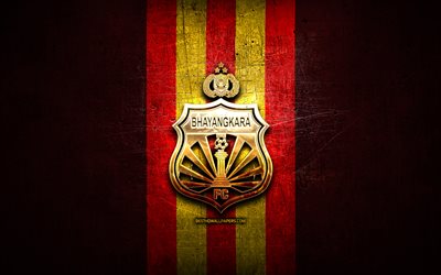 bhayangkara solo fc, logo dorato, indonesia liga 1, sfondo di metallo rosso, calcio, squadra di calcio indonesiana, bhayangkara solo logo, bhayangkara solo
