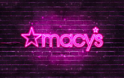 Macys purple logo, 4k, purple brickwall, Macys logo, brands, Macys neon logo, Macys