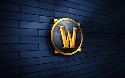 logo 3d di world of warcraft, 4k, muro di mattoni blu, wow, giochi online creativi, logo di world of warcraft, arte 3d, world of warcraft, logo wow