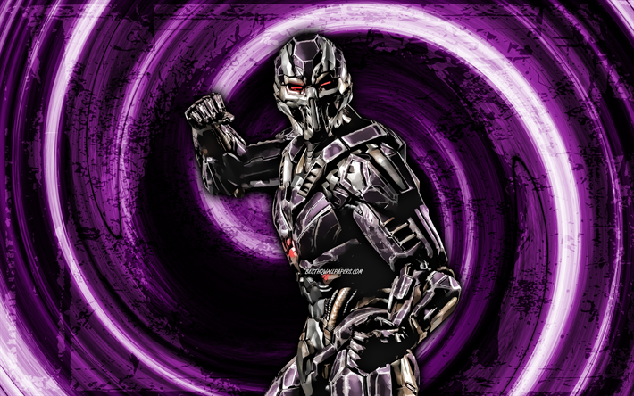 4k, Triborg, violet grunge background, MK13, Mortal Kombat 13, vortex, Mortal Kombat, Triborg Mortal Kombat