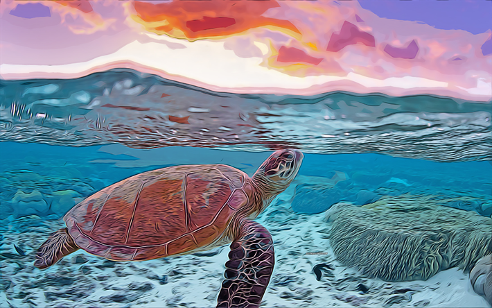 sköldpadda, kväll, solnedgång, 4k, vektorkonst, sköldpaddsteckning, kreativ konst, sköldpaddskonst, vektorteckning, abstrakta djur, sköldpadda under vattnet, undervattensvärld