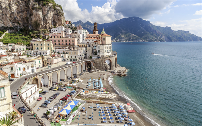 Amalfi, Atrani, Salerno Bay, Salerno, beach, chaise lounges, summer, mountains, sea, Italy