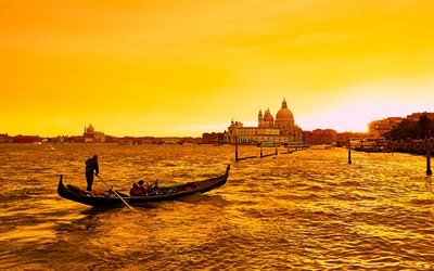 Venice, sunset, boat, Italy, evening, Santa Maria della Salute