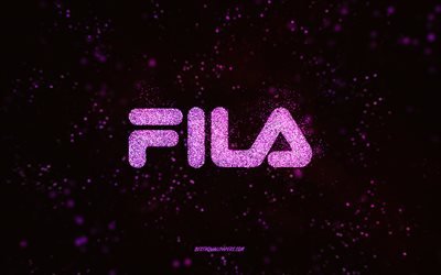 Fila glitter logo, 4k, black background, Fila logo, purple glitter art, Fila, creative art, Fila purple glitter logo
