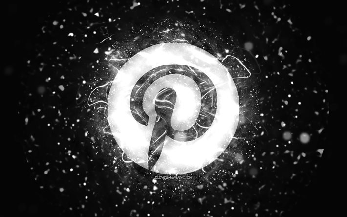 Pinterest white logo, 4k, white neon lights, creative, black abstract background, Pinterest logo, social network, Pinterest