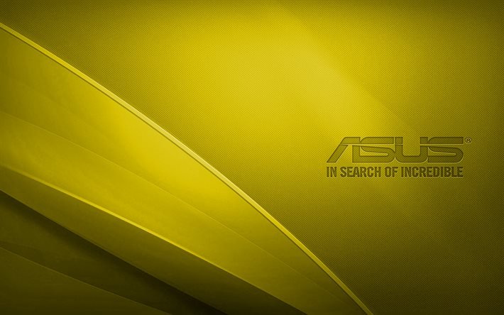 Asusの黄色のロゴ, 4k, creative クリエイティブ, 黄色の波状の背景, Asusのロゴ, アートワーク, アスサ