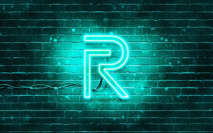 Realme turkoosi logo, 4k, turkoosi tiilisein&#228;, Realme logo, tuotemerkit, Realme neon logo, Realme