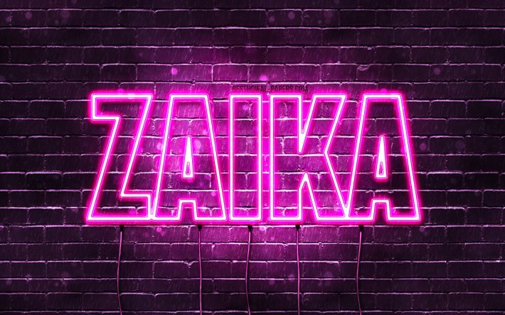 Zaika, 4k, fonds d’&#233;cran avec des noms, noms f&#233;minins, nom Zaika, n&#233;ons violets, Joyeux anniversaire Zaika, noms f&#233;minins arabes populaires, image avec le nom Zaika