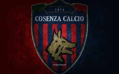 Cosenza Calcio, equipo italiano de f&#250;tbol, fondo burdeos, logotipo de Cosenza Calcio, arte grunge, Serie B, Cosenza, f&#250;tbol, Italia, emblema de Cosenza Calcio