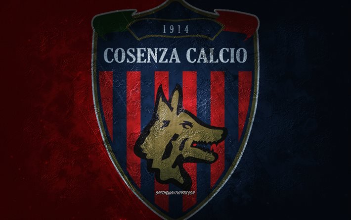 Cosenza Calcio, equipo italiano de f&#250;tbol, fondo burdeos, logotipo de Cosenza Calcio, arte grunge, Serie B, Cosenza, f&#250;tbol, Italia, emblema de Cosenza Calcio