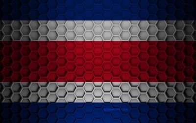 Bandera de Costa Rica, textura de hex&#225;gonos 3d, Costa Rica, textura 3d, bandera 3d de Costa Rica, textura de metal, bandera de Costa Rica