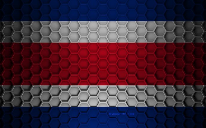Costa Rica flag, 3d hexagons texture, Costa Rica, 3d texture, Costa Rica 3d flag, metal texture, flag of Costa Rica