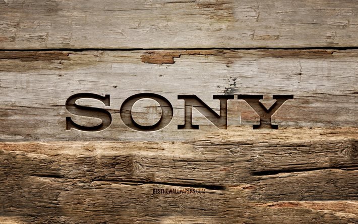 Sony wooden logo, 4K, wooden backgrounds, brands, Sony logo, creative, wood carving, Sony