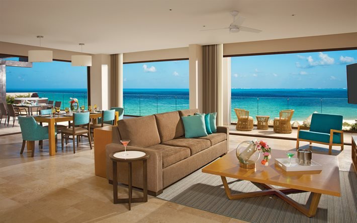 appartamenti sulla costa dell&#39;oceano, isole tropicali, sala da pranzo, design degli interni moderno, mare dalla finestra dell&#39;appartamento, interni eleganti