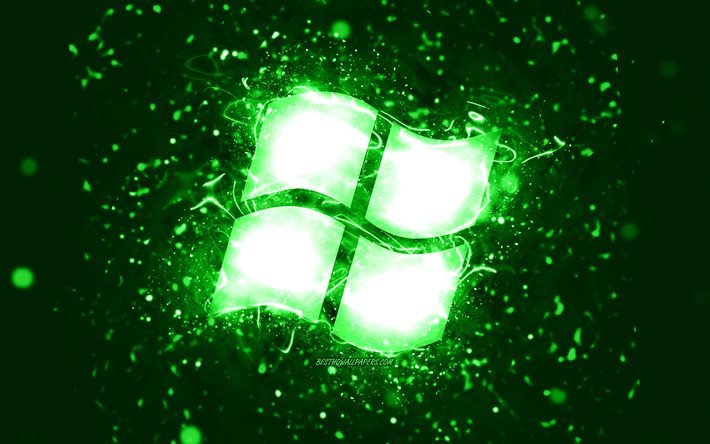 Windowsの緑のロゴ, 4k, 緑のネオンライト, creative クリエイティブ, 緑の抽象的な背景, Windowsロゴ, OS, Windows