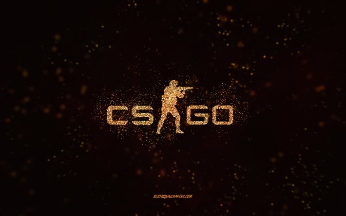 CS GO parıltılı logo, siyah arka plan, CS GO logosu, Counter-Strike, altın parıltılı sanat, CS GO, yaratıcı sanat, CS GO altın parıltılı logo, Counter-Strike Global Offensive
