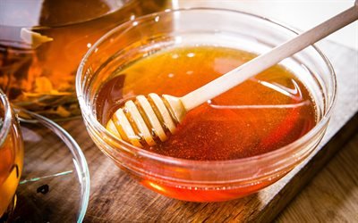 Honey, sweets, natural products, plate of honey, a wooden stick