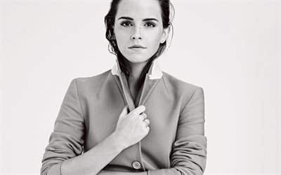Emma Watson, Monochrome portrait, British actress, female stylish jacket