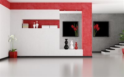 corridoio, sala rossa, 4k, appartamento moderno, design moderno, interni idea