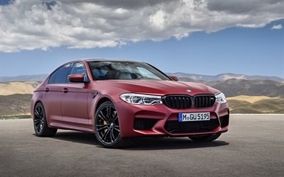 BMW M5, 2018, Sedan, new M5, German cars, red sedan M5, black wheels, BMW