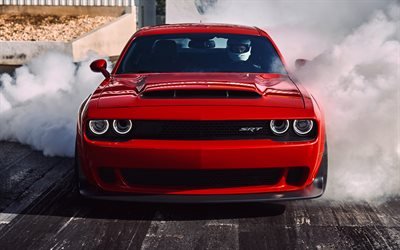 Dodge Challenger SRT Demon, smoke, 2018 cars, supercars, red Challenger, american cars, Dodge, muscle cars