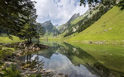 Alps, mountains, lake, forest, beautiful landscape