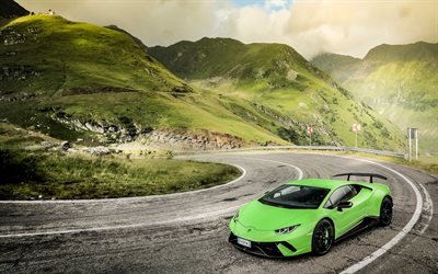 Transfagarasan, mountain road, 2017 cars, Lamborghini Huracan, supercars, green Huracan, lambo, Lamborghini