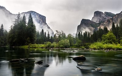 America, Yosemite National Park, river, fog, Mariposa, California, USA, North America