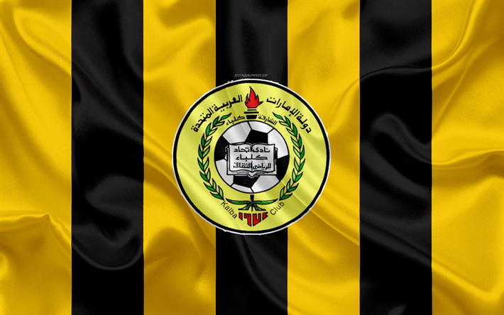 Al-Ittihad Kalba SC, 4k, logotyp, gul svart silk flag, emblem, siden konsistens, emiratet football club, UAE League, Calba, F&#246;renade Arabemiraten, fotboll