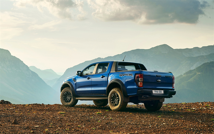 Ford Ranger Raptor, 2019, vue de l&#39;arri&#232;re, &#224; l&#39;ext&#233;rieur, camionnette, bleu nouveau Ranger des Rapaces, des voitures Am&#233;ricaines, Ford