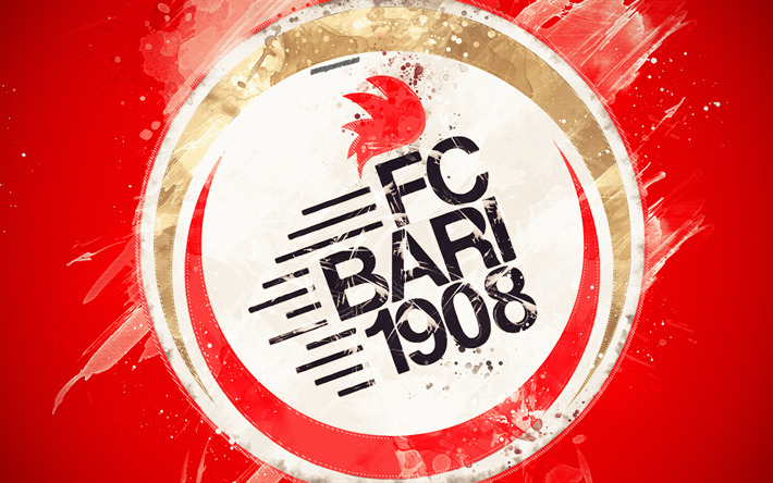 FC Bari 1908, 4k, paint art, creative, logo, Italian football team, Serie B, emblem, red background, grunge style, Bari, Italy, football