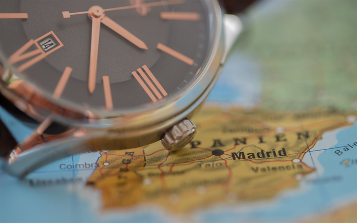 Travel to Spain, concept, clock face, map of Spain, tourism, travels