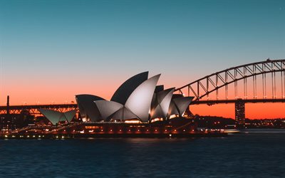 La &#211;pera de s&#237;dney, puesta de sol, muelle, panorama, Sydney, Australia