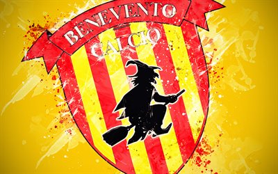 Benevento FC, 4k, a arte de pintura, criativo, logo, O futebol italiano equipe, Serie B, emblema, fundo amarelo, o estilo grunge, Benevento, It&#225;lia, futebol, Benevento Calcio