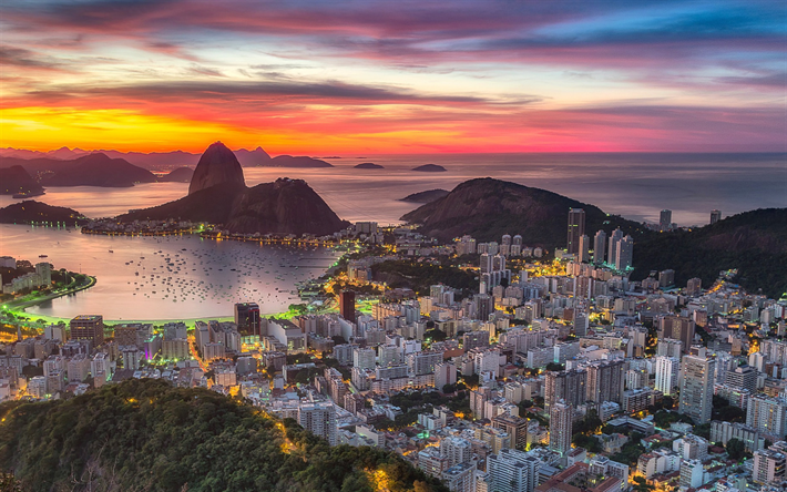Rio de Janeiro, noite, p&#244;r do sol, cidade brasileira, oceano, costa, Brasil