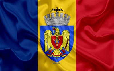 Bandiera di Bucarest, 4k, seta, texture, Romania, stemma, Bucarest, capitale della Romania, simboli nazionali, Bucarest Bandiera