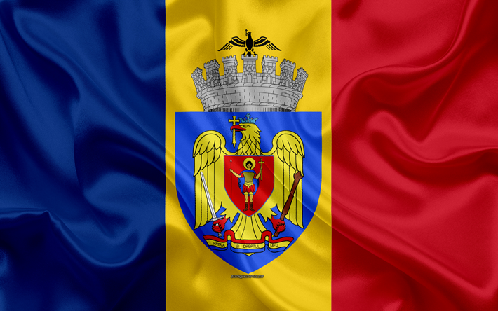 Bandiera di Bucarest, 4k, seta, texture, Romania, stemma, Bucarest, capitale della Romania, simboli nazionali, Bucarest Bandiera