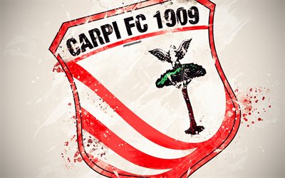 Carpi FC 1909, 4k, paint art, creative, logo, Italian football team, Serie B, emblem, red background, grunge style, Carpi, Italy, football