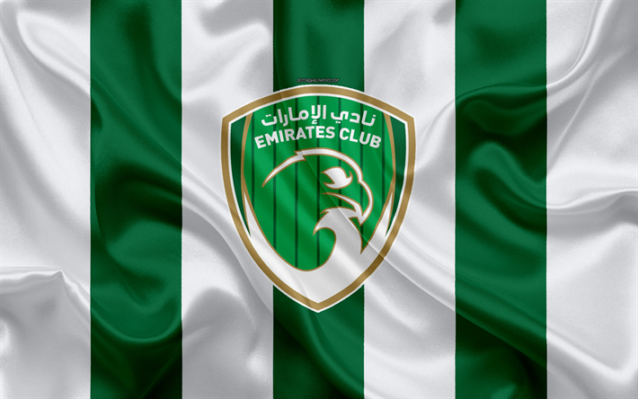 Emirates Club, 4k, logo, white green silk flag, emblem, silk texture, emirate football club, UAE League, Ras Al Khaimah, United Arab Emirates, football