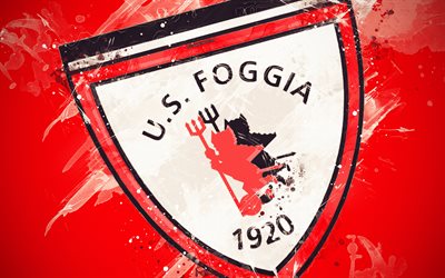 Foggia Calcio, 4k, paint art, creative, logo, Italian football team, Serie B, emblem, red background, grunge style, Foggia, Italy, football, Foggia FC