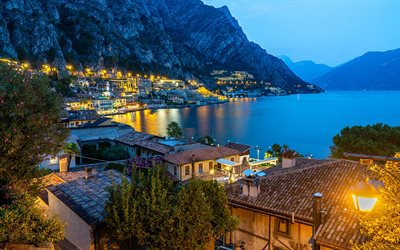 Limone sul Garda, illalla, sunset, kaupunkikuva, Lake Garda, mountain maisema, Lombardia, Italia