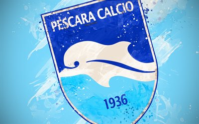 Delfino Pescara 1936, 4k, vernice, arte, creativo, logo, italiana, calcio di squadra, campionato di Serie B, stemma, sfondo blu, grunge, stile, Pescara, Italia, calcio