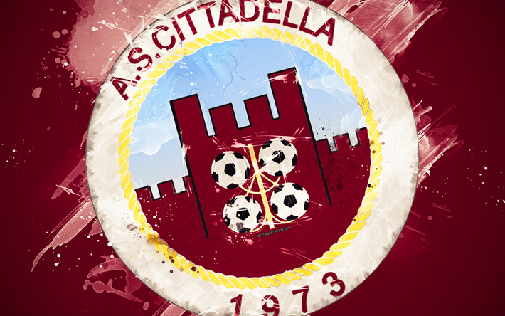 COMO Cittadella, 4k, a arte de pintura, criativo, logo, O futebol italiano equipe, Serie B, emblema, fundo roxo, o estilo grunge, A cidadela, It&#225;lia, futebol