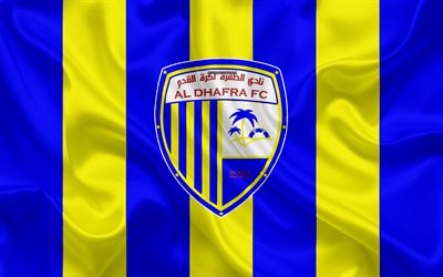 Al Dhafra FC, 4k, logo, blue yellow silk flag, emblem, silk texture, emirate football club, UAE League, Madinat Zayed, United Arab Emirates, football